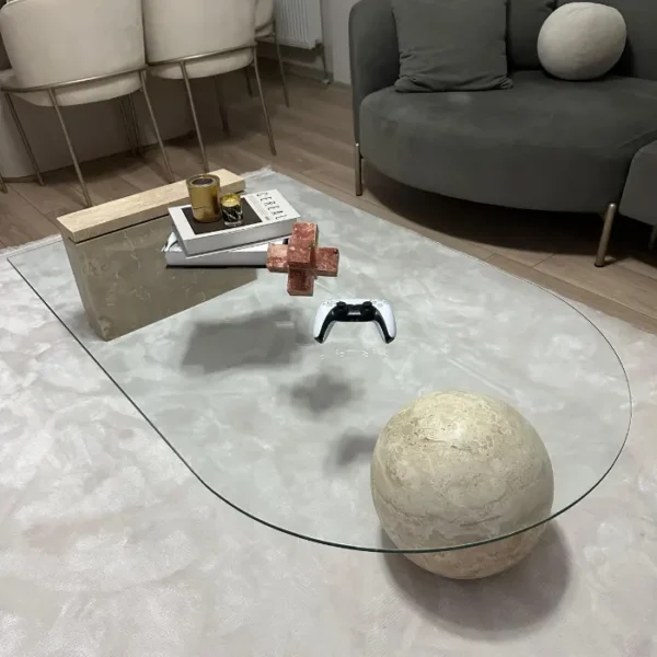 Dekoratif Cam Traverten Orta Sehpa